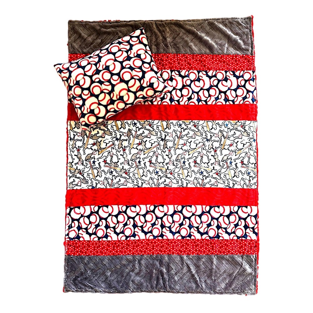 Handmade Baseball Minky Patchwork Blanket & Pillow Set Red/Gray - 47"x33" (NEW)